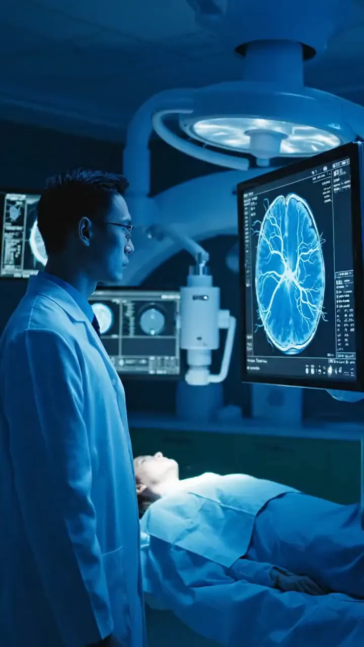 Médico acompanhando angiografia cerebral em sala de neurorradiologia intervencionista