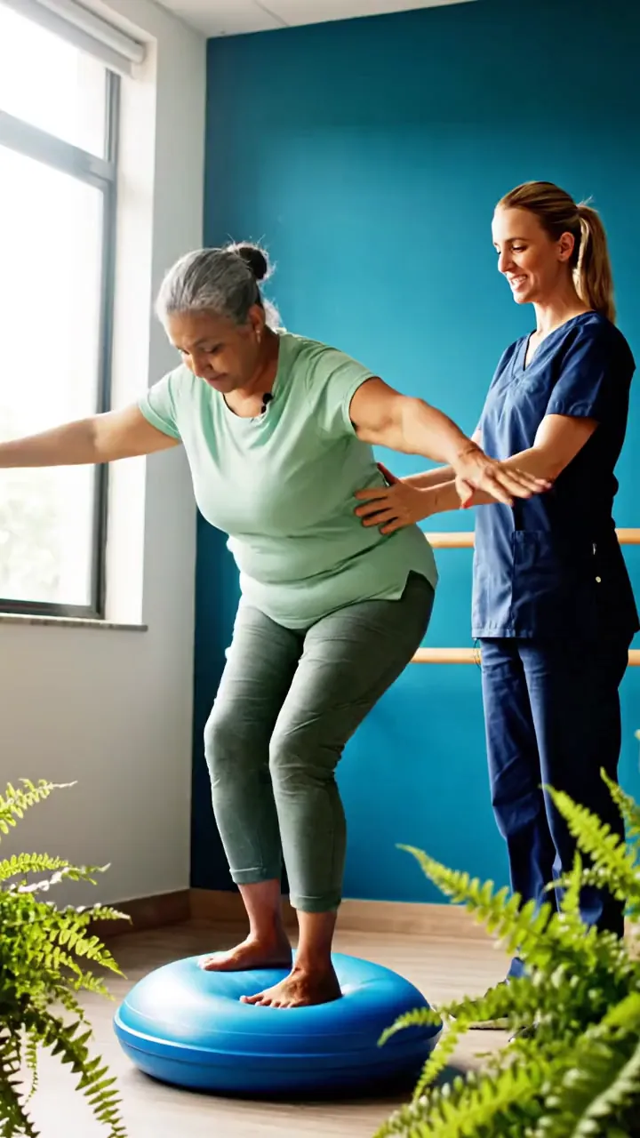 Paciente em treino de equilíbrio acompanhada por fisioterapeuta no ginásio de reabilitação do Instituto Neuron