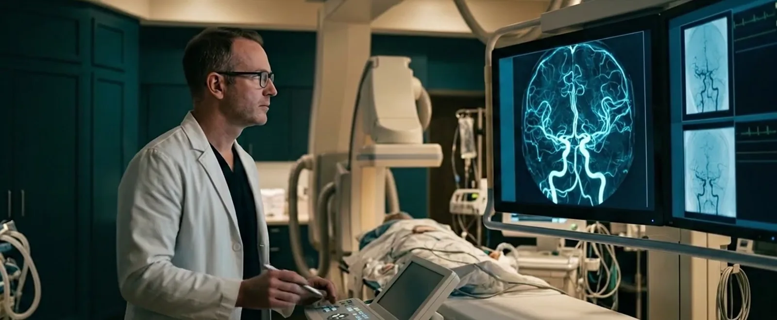 Médico acompanhando angiografia cerebral em sala de neurorradiologia intervencionista